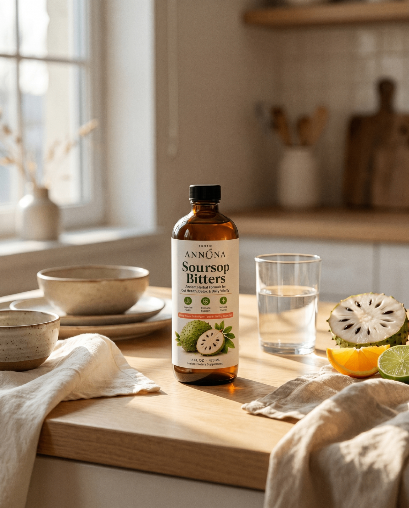 A bottle of Annona soursop bitters resting on a kitchen counter
