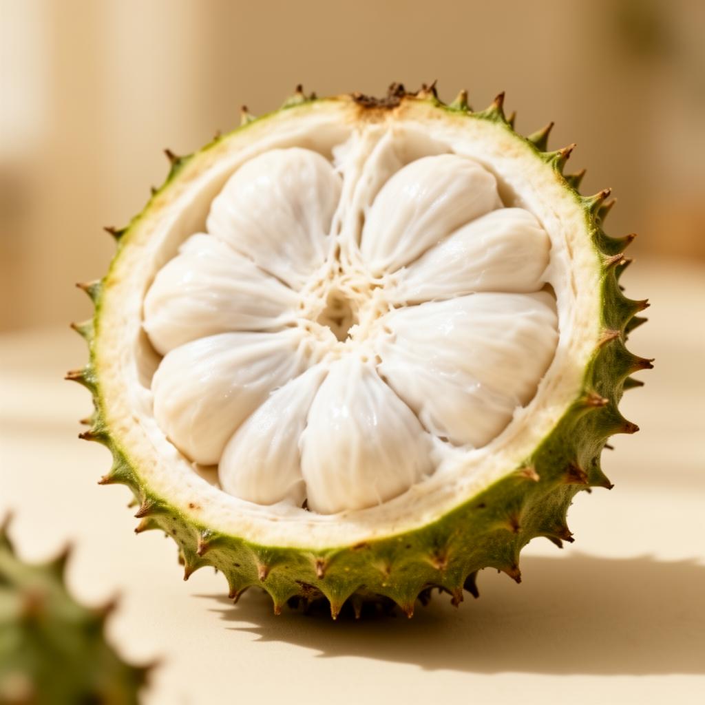 A whole soursop fruit with its spiny green skin